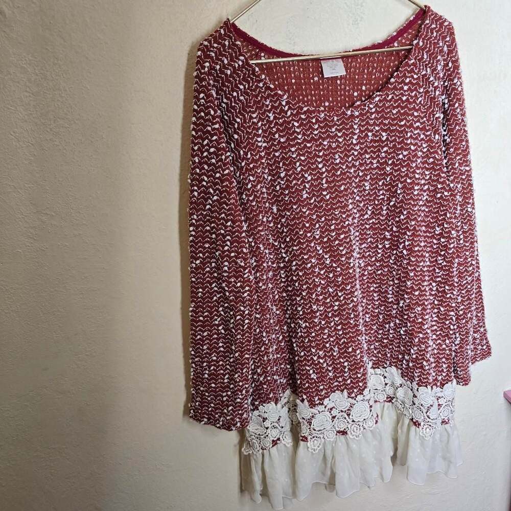 Burgundy Popcorn Knit Lace Ruffle Tunic Dress - Picture 3 of 8